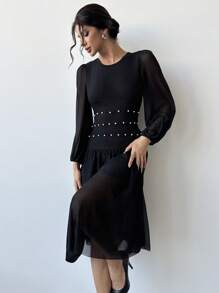 SHEIN Privé 女士优雅简约浪漫日常/工作珍珠装饰透明 A 字型中长黑色连衣裙，适合约会、开斋节、情人节 - 黑色 - 查看 5