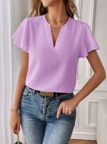 SHEIN Essnce 女士休闲 V 领短袖衬衫 - 淡紫色 - 查看 4