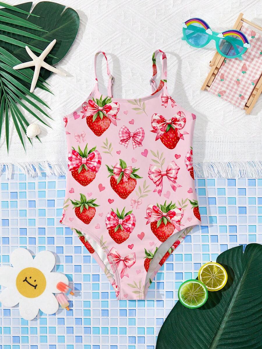 SHEIN Leap Crew Cute Strawberry, Bow & Heart Print, Pink, Young Girls Casual Minimalist Camisole One-Piece Swimsuit, Suitable For Summer - Multicolor - View 1