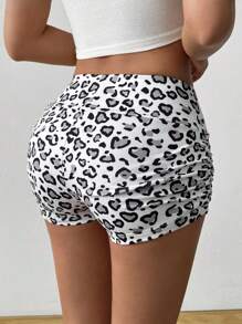 SHEIN EZwear Short ajusté à ourlet froncé imprimé léopard, convient pour le port quotidien et le sport - Noir et Blanc - Voir 2
