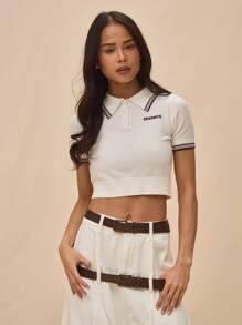 Soft Knit Collared Fitted Embroidered "Musera" Cropped Polo Shirt Spring Summer Tops Elegant - Multicolor - View 1