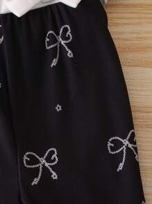 女婴 2024 夏季新款时尚别致幼儿黑色拼布白色蝴蝶结细节和小蝴蝶结点缀神秘喇叭裤 - 黑色 - 查看 6