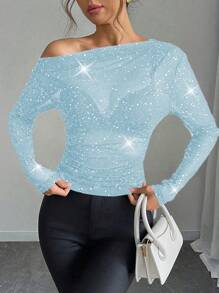 Calvaya Women's Sequined Design Sexy Blouse, Standard Size