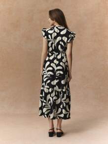 Écloséra 大码女式全印花盖袖连衣裙，优雅的法式风格 - 黑色 - 查看 2