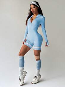 Dewbera 女士拉链半襟长袖瑜伽罗纹运动连体衣 - 藍色 - 查看 6