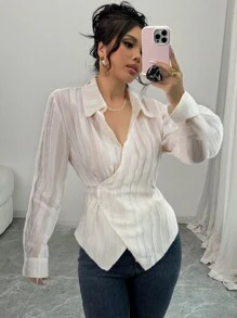 Modelyn Women's Turn Down Collar Long Sleeve Single-Breasted Casual Shirt - Beige - View 1