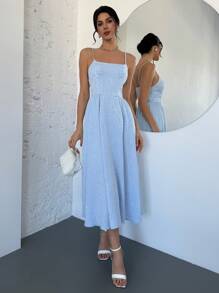 Firerie Abito da donna elegante e romantico, in tessuto dall'effetto minimale, con spalline sottili, di lunghezza media, adatto per appuntamenti e vacanze in primavera/estate - Blu - Visualizzare 7