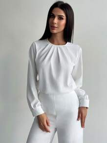 SHEIN Privé 2 件套女士时尚白色圆领褶皱长袖衬衫和裤子套装 - 白色 - 查看 6