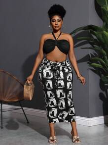 Slaydiva Plus Size Women 2pcs Set - Tied Neck Camisole Tank Top & Bodycon Skirt, Resort Wear - Multicolor - View 3