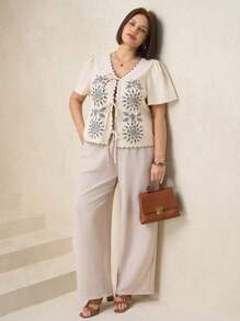 SHEIN Clasi Women Plus Size Apricot Embroidery Bow Front Open Blouse, Elegant Daily Comfortable Short Sleeve Top, Spring/Summer Plus Size Women Casual Tops Business Casual Woman Tops Office Tops For Women Vacation Tops Boho Tops For Summer Going Out Top V Neck Top Women Tops Summer