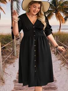 SHEIN VCAY Plus Size Plain Color Simple Stylish Short Sleeve Dress, Suitable For Summer - Multicolor - View 4