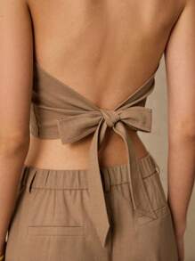 Poéselle 女式领结前扣短款露背上衣 - 咖啡棕 - 查看 2