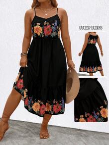 SHEIN Clasi 大码女式休闲节日花卉印花吊带裙 - 彩色 - 查看 1