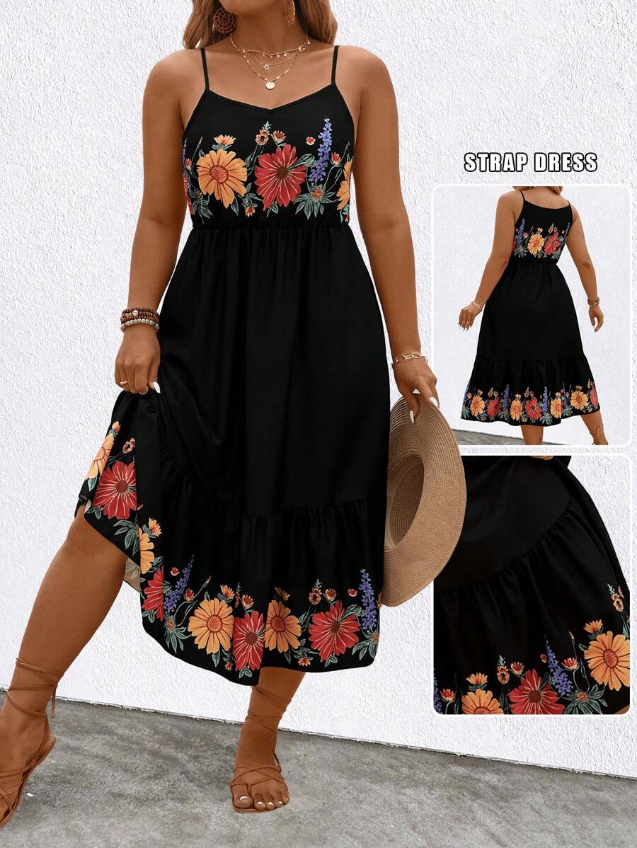 SHEIN Clasi 大码女式休闲节日花卉印花吊带裙 - 彩色 - 查看 1