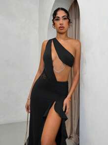SHEIN BAE Women's Spring/Summer Solid Color Lace Patchwork Elegant Backless Hollow-Out High Slit Ruffle Hem Chain Holiday Dress - Black - View 3
