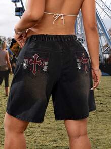 SHEIN ICON Plus Size Loose Denim Bermuda Shorts, Suitable For Rave Outfits And Festivals - Black - View 1