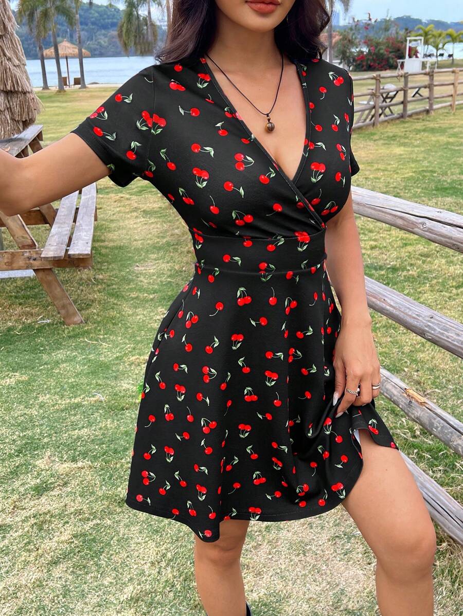 SHEIN EZwear Summer Holiday Cherry Print V-Neck A-Line Short Dress