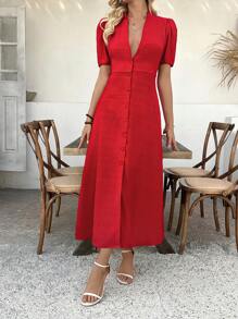 SHEIN Clasi Women's Long Textured French Waist Puff Sleeve Maxi Dress - Red - View 7