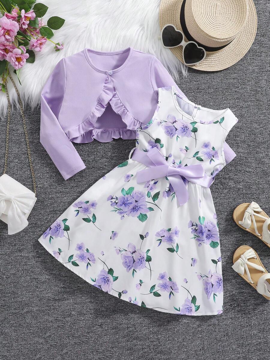 SHEIN 2pcs/Set Young Girl Floral Chinaware Print Dress & Ruffle Trim Cardigan Set,Holiday,Summer,Travel - Mauve Purple - View 1