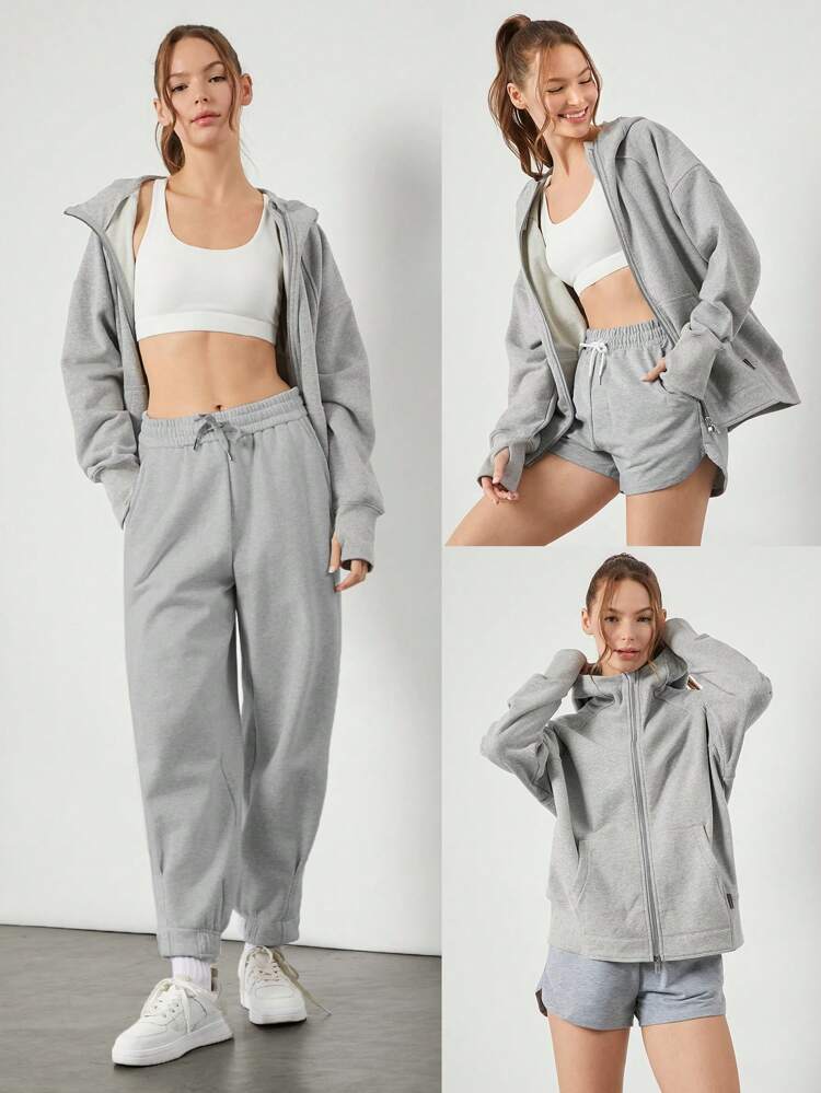Soft Skin-Friendly Oversized Fit Full Zip Hoodie With Kangaroo Pocket Thumbholes Daily Casual Wear