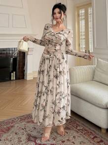 DAZY 2 件套女士夏季玫瑰印花网眼荷叶边露肩上衣和裙子套装，秋季女装 - 杏色 - 查看 6