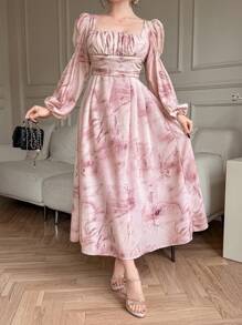 DAZY 女士春秋情人节方领扎染长袖中长连衣裙 - 粉色 - 查看 2