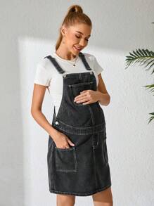 SHEIN Pregnant Women Pocketed Button Design Casual Denim Overall Dress - Black - View 5