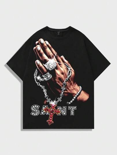 Street Life T-shirt noir à manches courtes à col rond ample avec imprimé graphique, style hiphop de rue pour homme