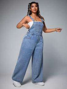 SHEIN ICON Plus Size Women Loose Casual Pocket Straight Leg Denim Jumpsuit - Blue - View 6