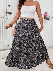 SHEIN LUNE Plus Size Women's Ditsy Floral Skirt, Suitable For Beach Vacation - Black - View 4