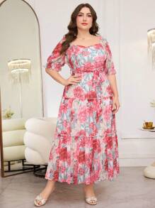 Modelyn Floral Print Elegant Plus Size Bodycon Dress - Multicolor - View 3