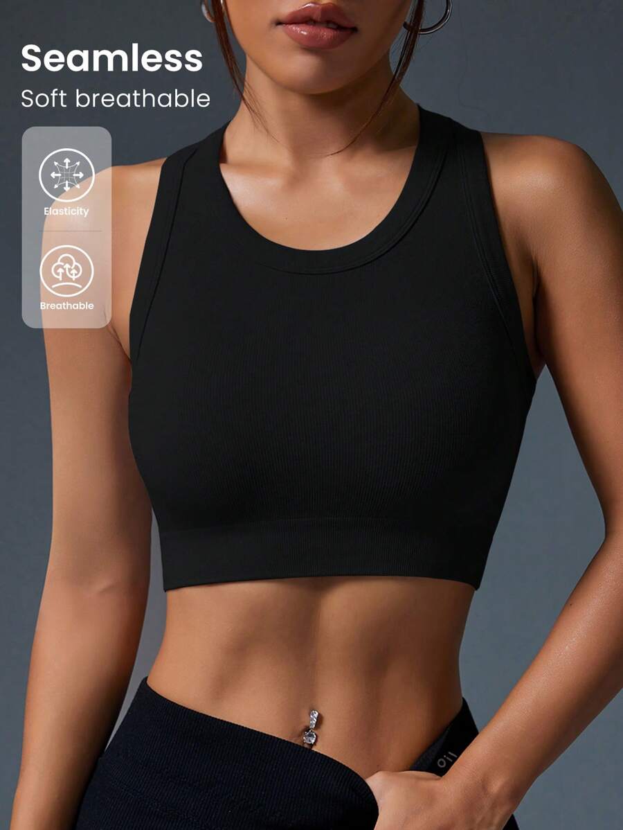 Easithlete Slim Fit Cropped Sports Tank Top, Solid Color - Black - View 1