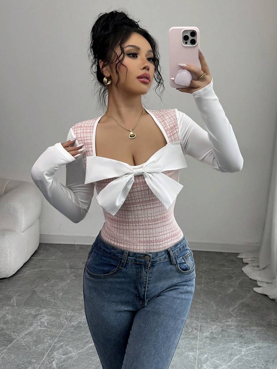 Chiquease 女士优雅修身长袖格子蝴蝶结 T 恤，适合春秋季节 - 紅色 - 查看 1