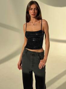 Aloruh Spaghetti Strap Backless Shiny Sequin Sexy Party Tank Top, Burgundy, For Valentine's Day, Christmas Sparkly - Black - View 3