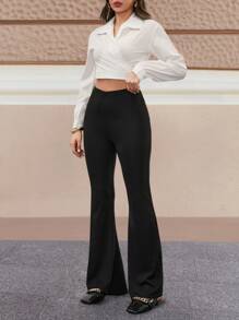 EURMUSE Women's Solid Color Elastic Waist Casual Flared Pants - Black - View 2