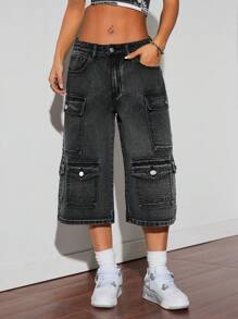 SHEIN ICON 女士休闲高街七分牛仔工装裤 - 黑色 - 查看 4