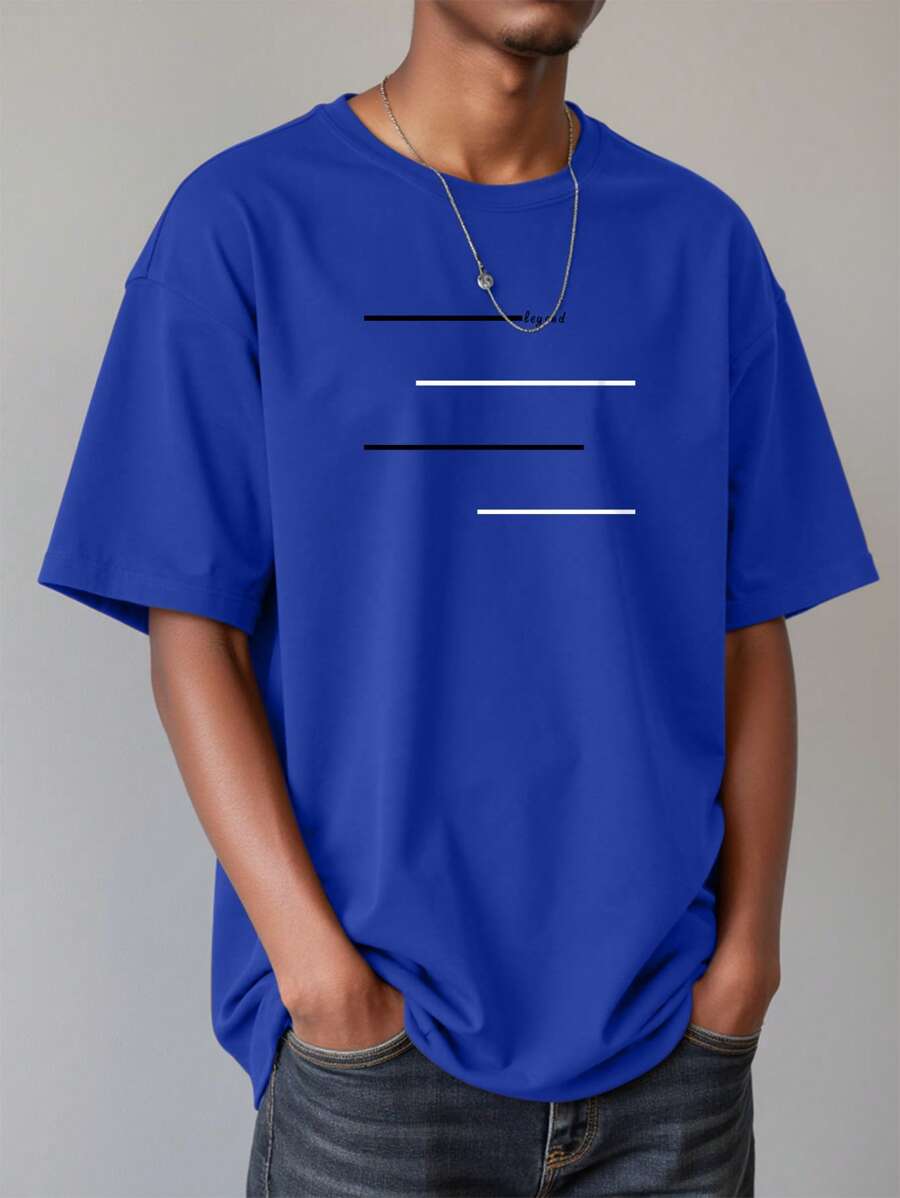 Manfinity Homme Plus Size Men's Round Neck Printed Casual Drop Shoulder Short Sleeve T-Shirt - Royal Blue - View 1