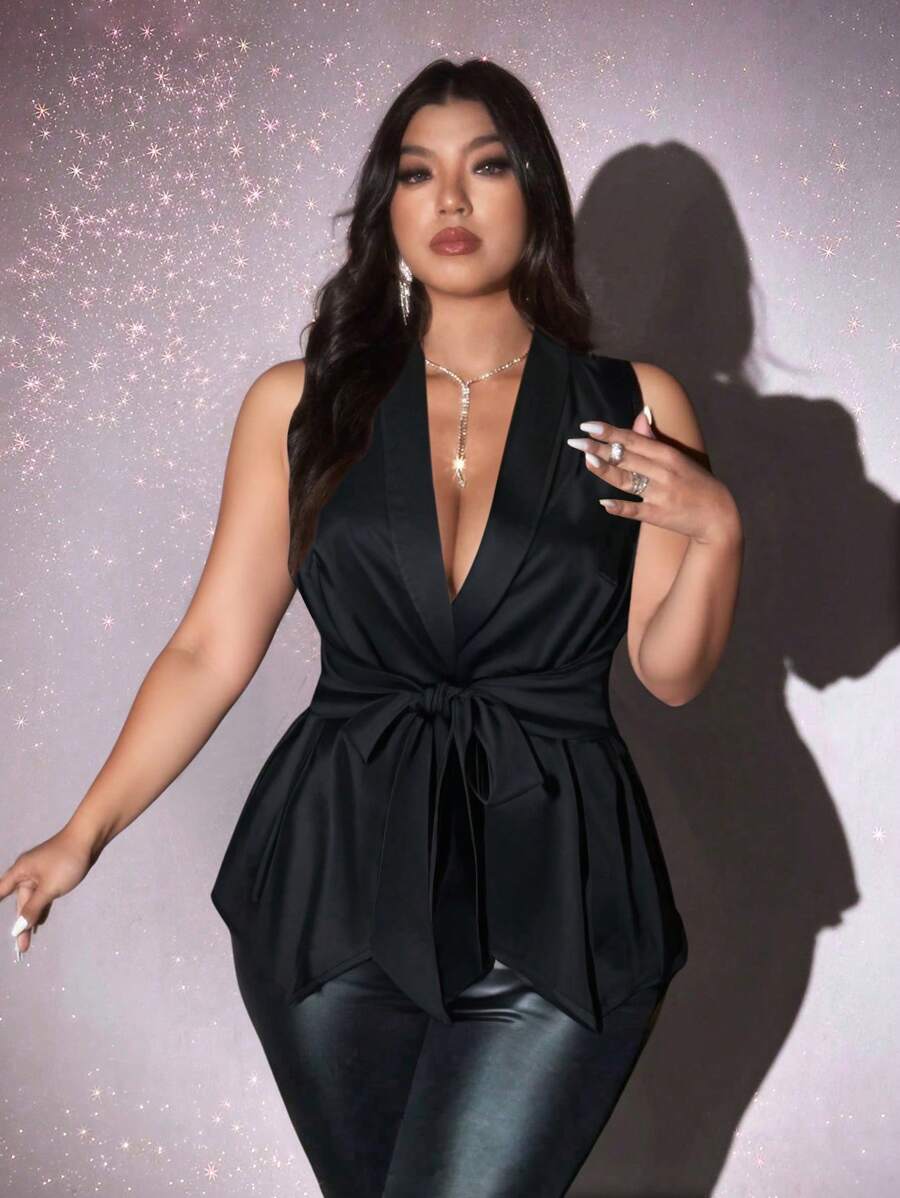 Viva Relle Plus Size Deep V-Neck Tie Front Flattering Elegant Sleeveless Blouse - Black - View 1