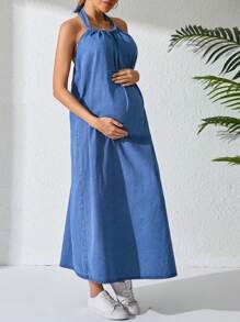 SHEIN 孕妇休闲露背挂脖牛仔连衣裙 - 中等水洗藍 - 查看 5