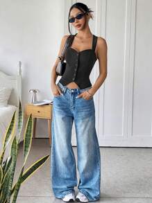 SHEIN EZwear Women's Black Single-Breasted Open Front Suit Vest - Black - View 3