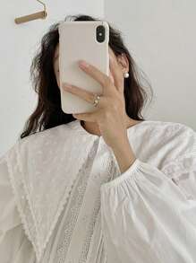 DAZY 女式蕾丝拼布彼得潘领灯笼袖衬衫，秋季女装，返校服长袖上衣 - 白色 - 查看 12