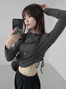 DAZY 女式字母印花街头风格抽绳 T 恤，春夏秋季服装长袖女式上衣短款女式上衣 - 灰色 - 查看 2