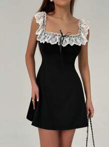 Aloruh Women's Elegant Contrast Lace Trim Sleeveless Mini Dress,Business Casual Woman