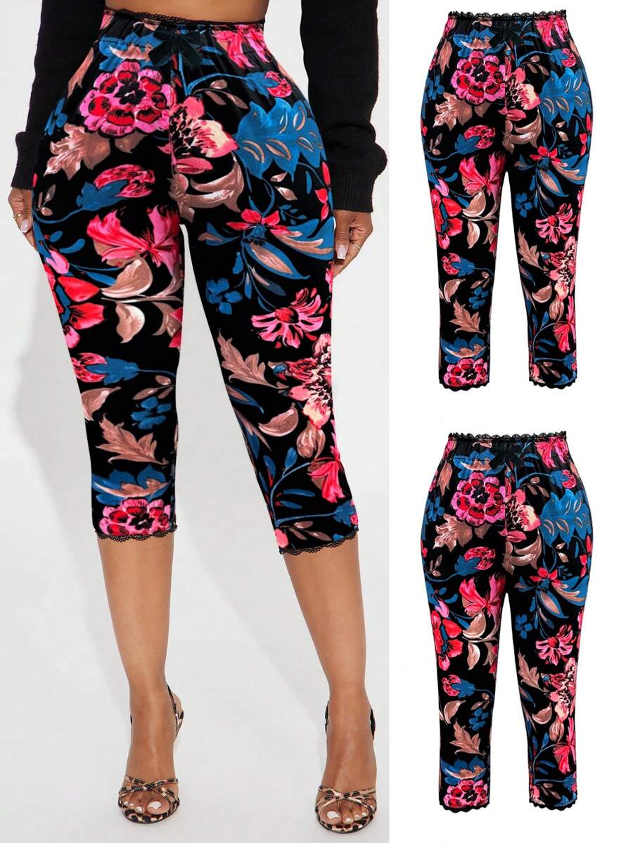 Women's Lace Patchwork Floral Print Tight 3/4 Length Leggings - Multicolor - View 1