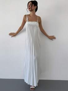 Firerie Women Elegant White Sleeveless Floral Embroidered Pleated Dress, Suitable For Parties And Weddings