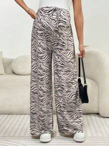 SHEIN Maternity Zebra Stripe Tie-Up Elastic Waist Loose Fit Pants - Khaki - View 5