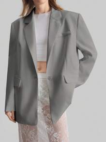 Ontre Women White Wide Strap Oversized Long Sleeve Single-Button Blazer Jacket, Casual Loose Fit, Elegant Style For Daily, Party, Date, Valentine's Day, Spring