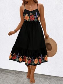 SHEIN Clasi 大码女式休闲节日花卉印花吊带裙 - 彩色 - 查看 3