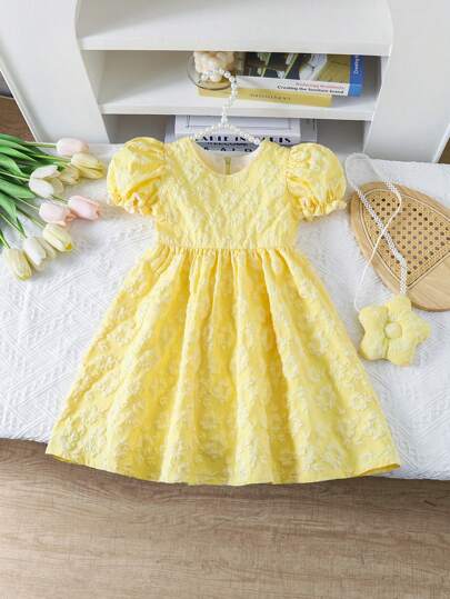 SHEIN 年轻女孩优雅纯色提花泡泡袖连衣裙