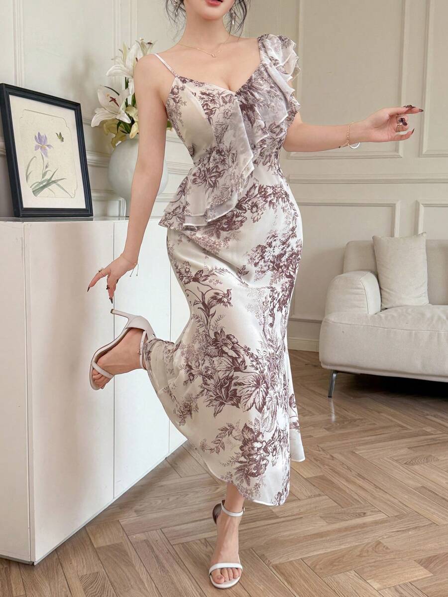 DAZY 女士满花V领荷叶边不对称中长连衣裙,碎花吊带裙,度假装,女士复活节鸡尾酒会礼服 - 紅色 - 查看 1